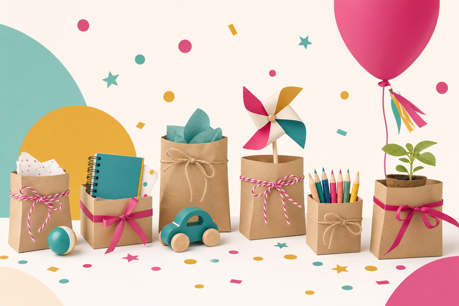 Flat illustration of simple kraft-paper favor bags filled with small non-candy party favor items like a toy car, notebook, and pinwheel, styled with confetti-pink accents.