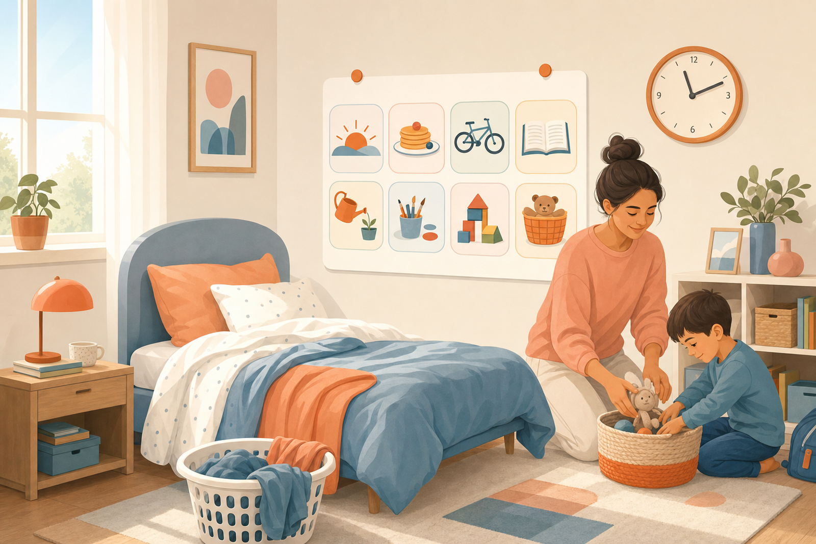 Illustration of a child's bedroom on a weekend morning with a visual routine chart on the wall showing colorful activity icons