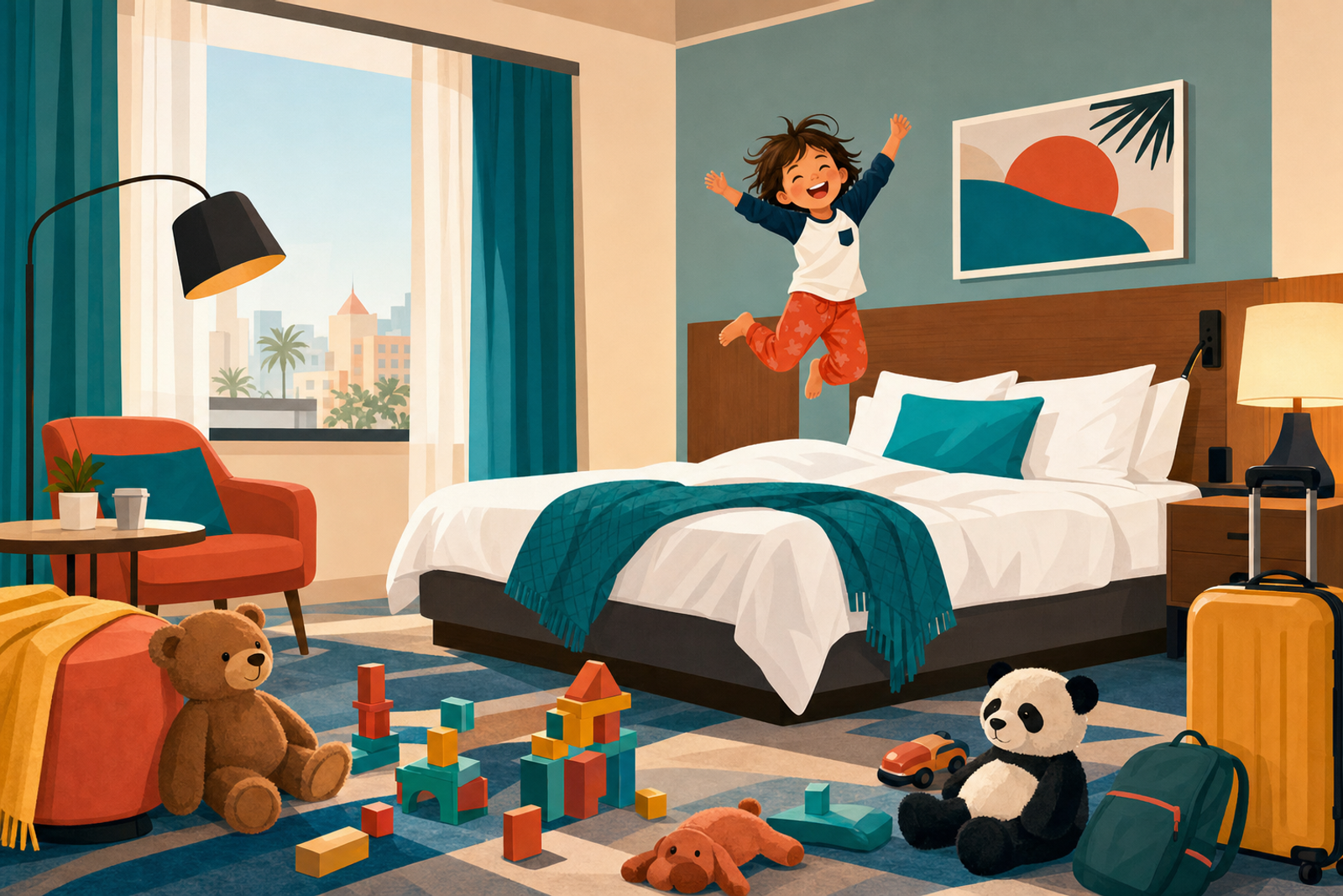 Illustration of a young child playing energetically in a hotel room with toys and games scattered around