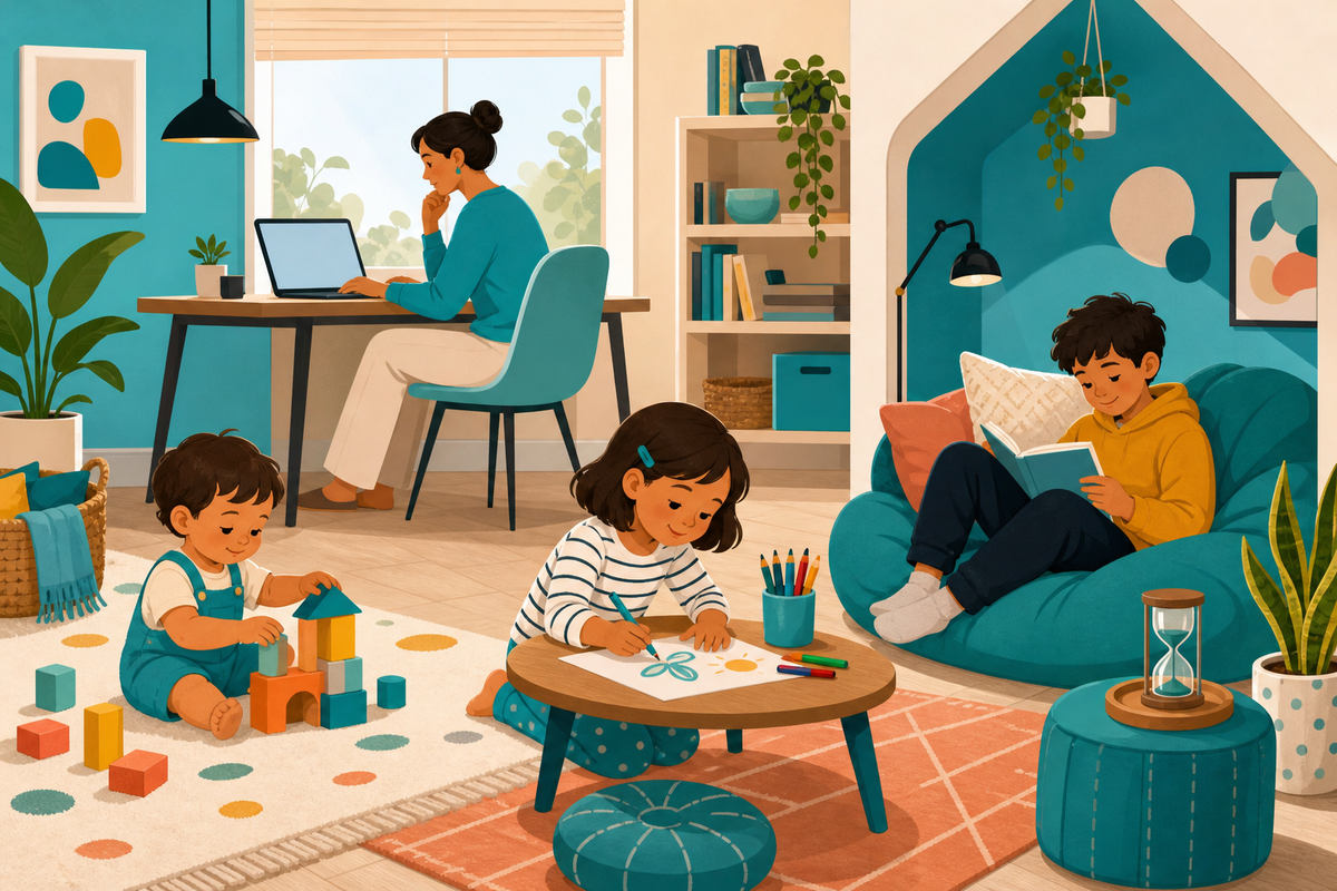 Flat illustration of a parent working at a laptop while three kids of different ages play independently with blocks, drawing, and reading in a bright, teal-accented living room.