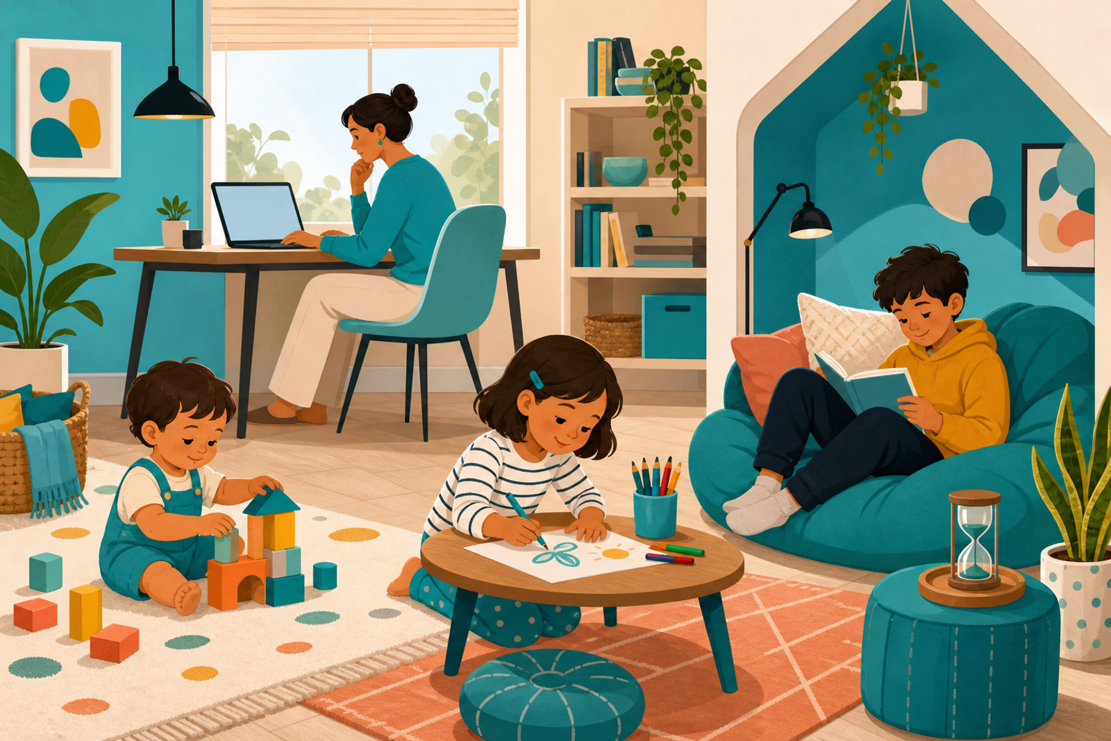 Flat illustration of a parent working at a laptop while three kids of different ages play independently with blocks, drawing, and reading in a bright, teal-accented living room.
