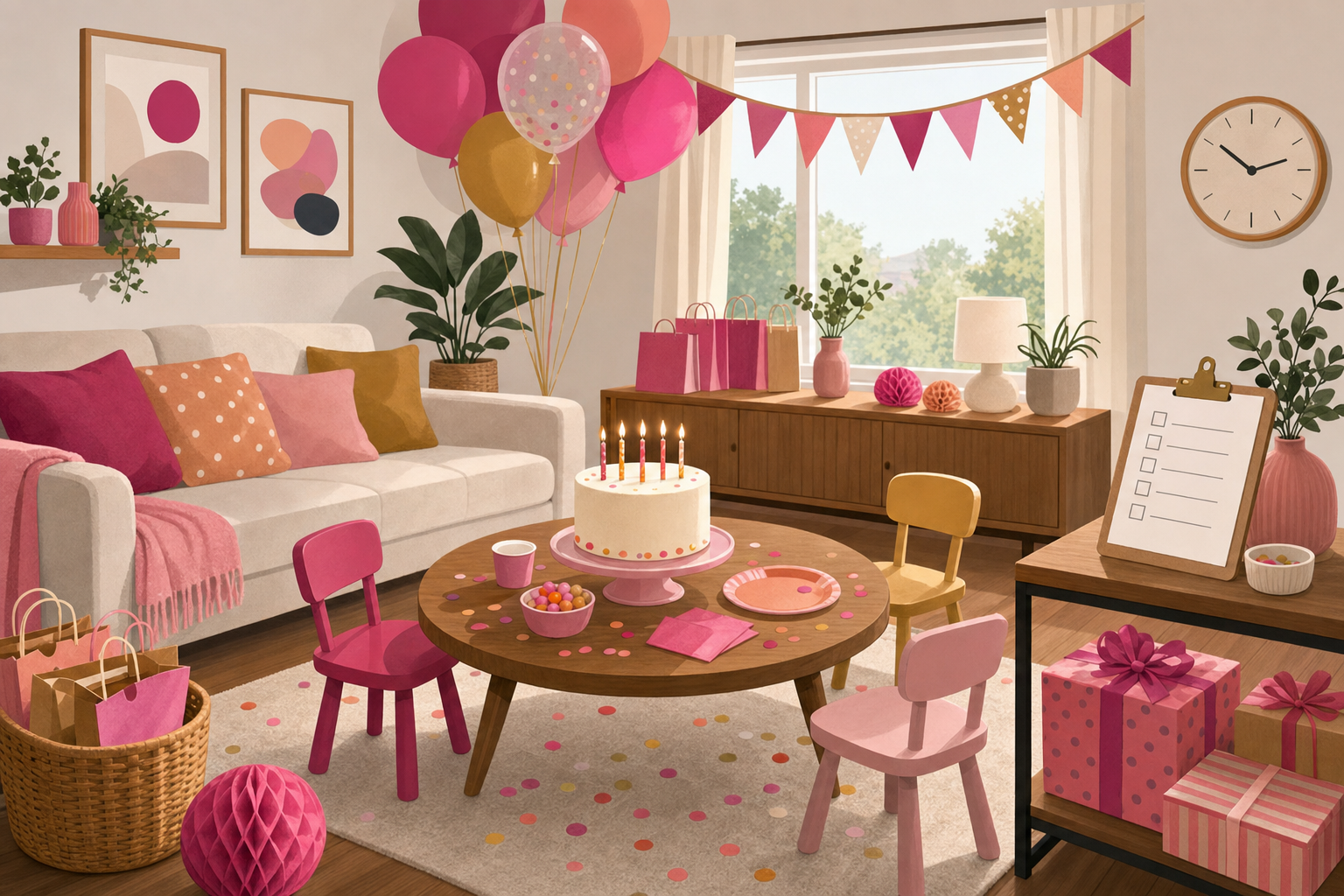 Flat illustration of a simply decorated home living room prepared for a kids' birthday party, with balloons, bunting, a cake, and a checklist clipboard, in a festive pink and neutral color palette.