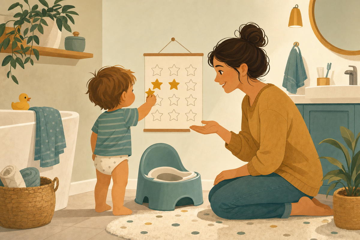 Illustration of a parent gently supporting a toddler near a potty and a simple star sticker chart, conveying patience and encouragement during potty training regression.