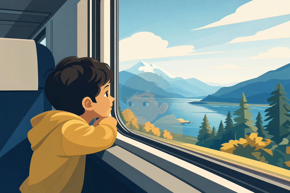 Child looking out train window with engaged expression during a journey