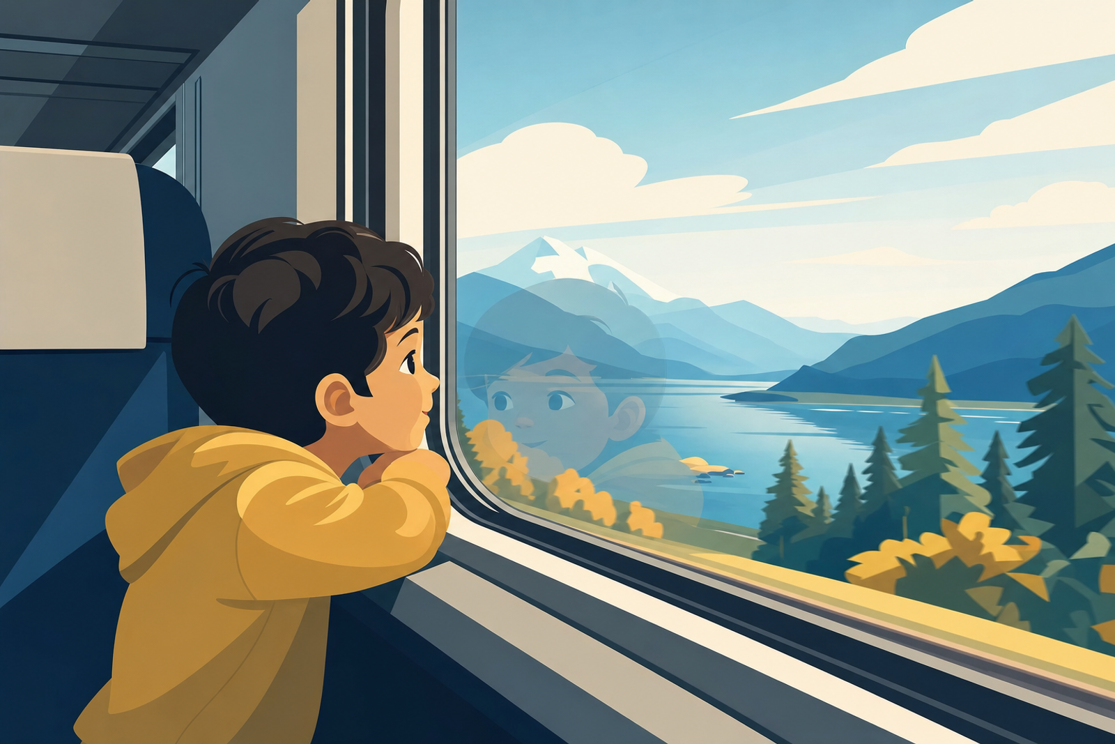 Child looking out train window with engaged expression during a journey