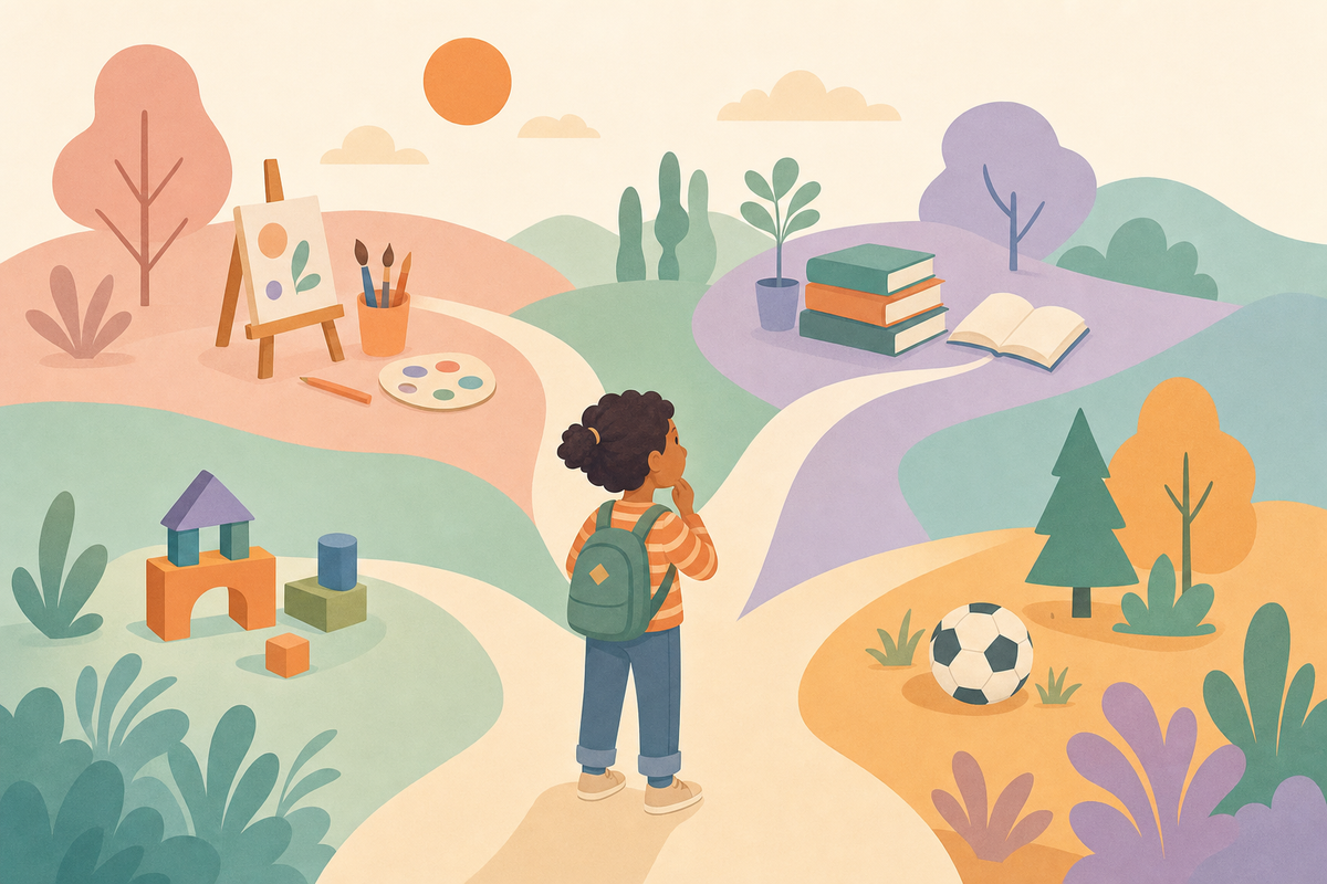 Illustration of a child at a crossroads with multiple activity pathways representing choices to overcome boredom