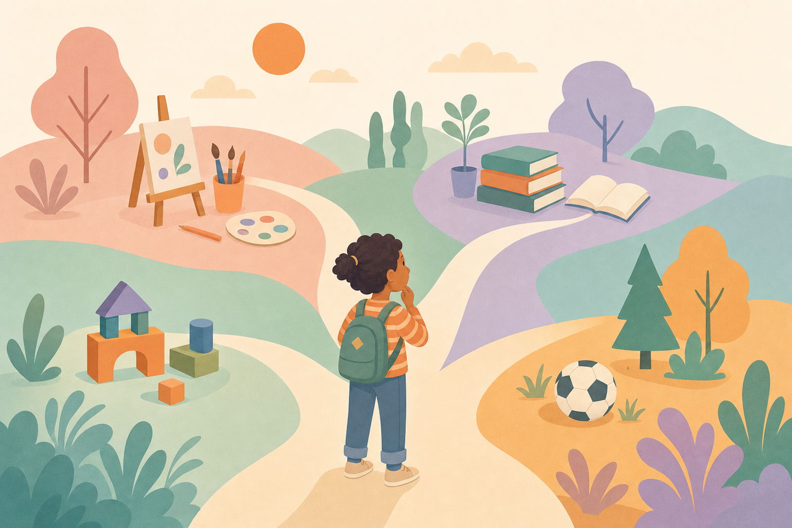 Illustration of a child at a crossroads with multiple activity pathways representing choices to overcome boredom