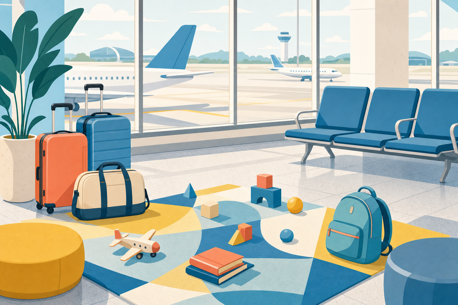Illustration of a bright airport terminal with colorful luggage and travel items suggesting family-friendly activities during a layover