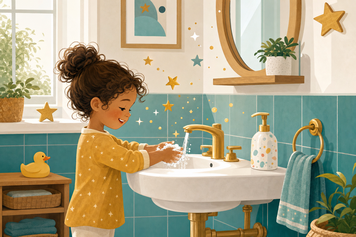 Cheerful bathroom illustration with child-friendly sink, soap dispenser, and decorative stars representing successful handwashing habits