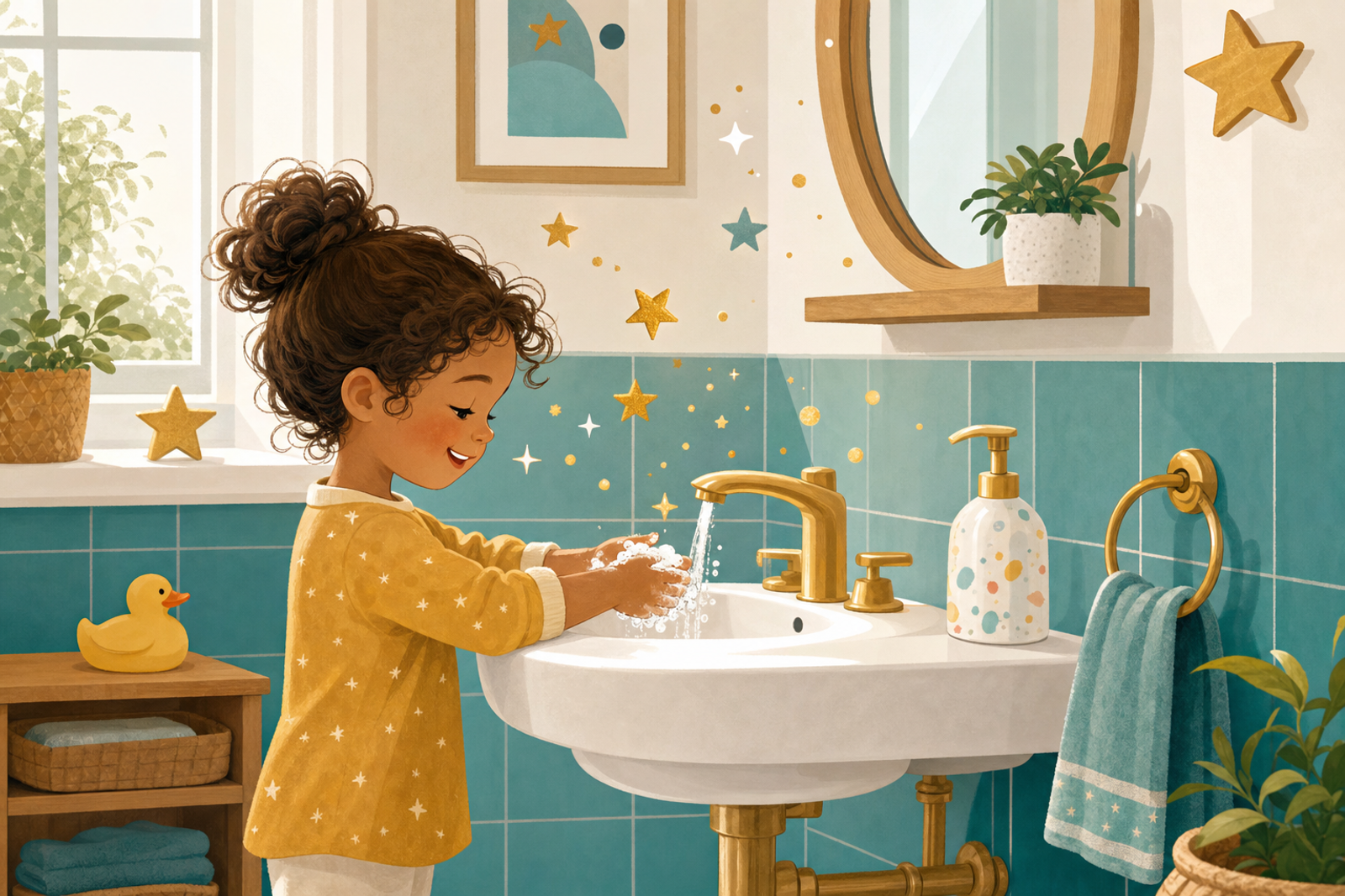 Cheerful bathroom illustration with child-friendly sink, soap dispenser, and decorative stars representing successful handwashing habits