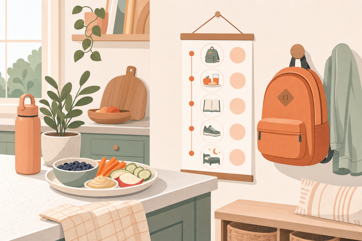 Calm after-school kitchen scene with snack, backpack, and visual routine chart showing a peaceful transition from school to home