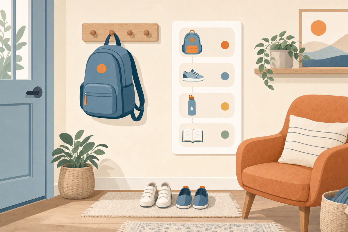 Organized entryway with backpack on hook, shoes on mat, and simple visual routine chart showing after-school transition steps