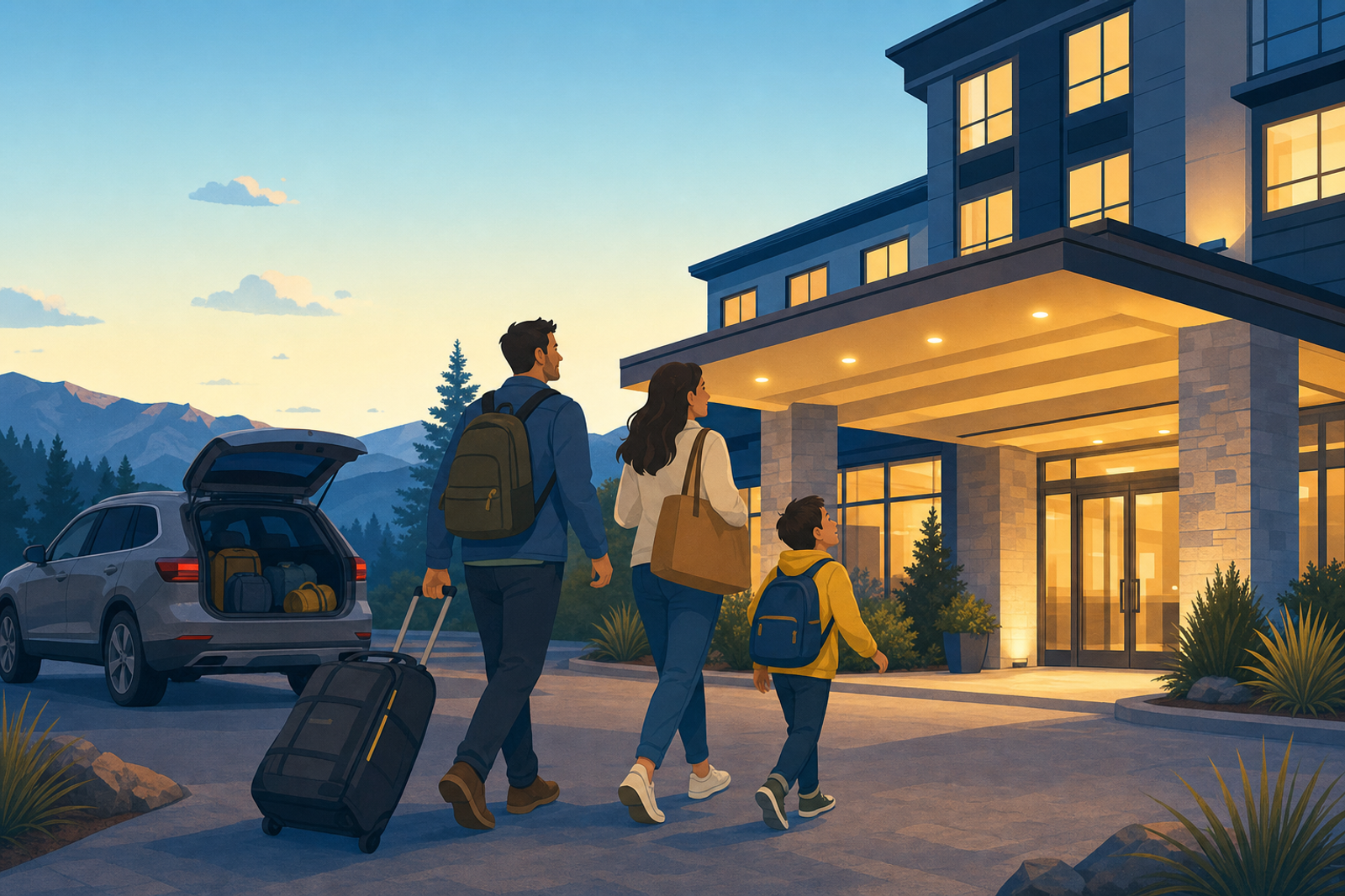 Flat illustration of a parent and child arriving at a hotel entrance at dusk after a road trip, rolling a small overnight bag, with their car parked in the background.