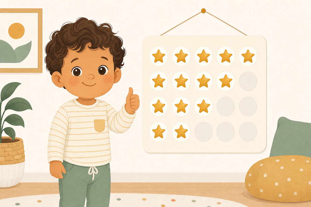 Illustration of a happy toddler standing beside a sticker chart, representing positive behavior strategies for managing emotional responses