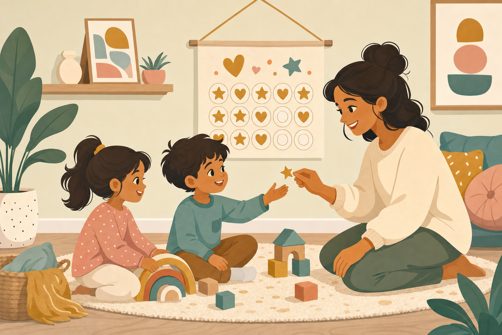 Illustration of two siblings playing gently together near a wall-mounted sticker chart, with a parent warmly encouraging kind hands.