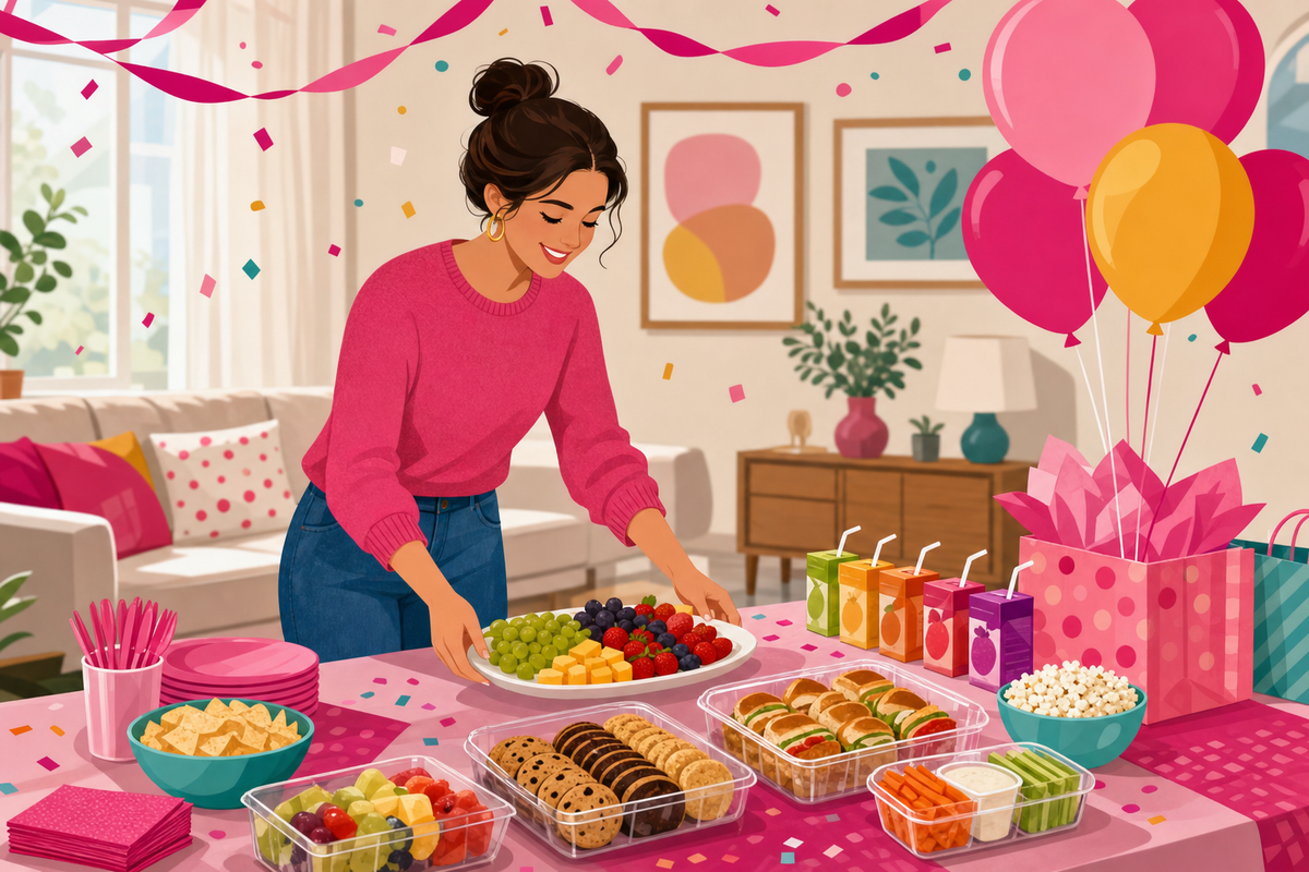Illustration of an adult setting up a simple birthday party with store-bought treats and decorations, no baking required