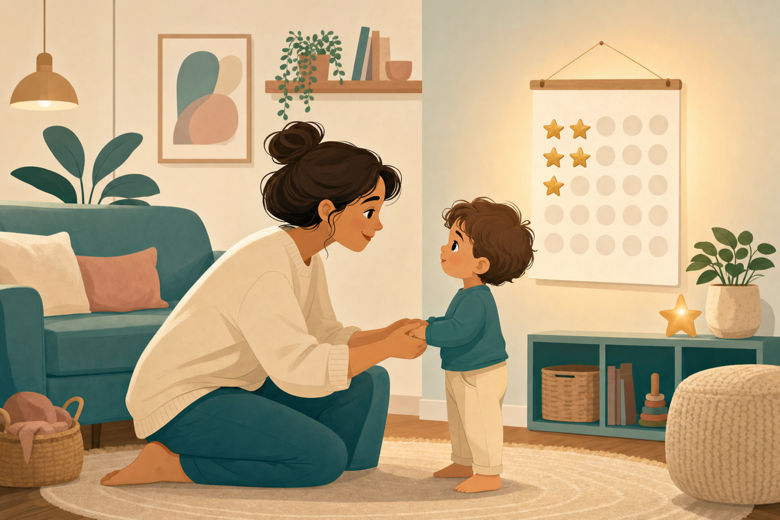 A parent gently holding a toddler's hands beside a wall sticker chart with gold stars, illustrating a calm, positive approach to addressing hitting behavior.