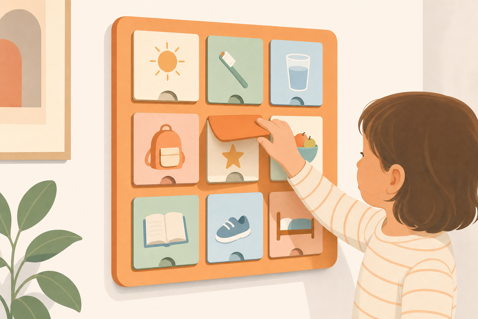 Child's hand interacting with a colorful tactile flip-up routine chart on a wall