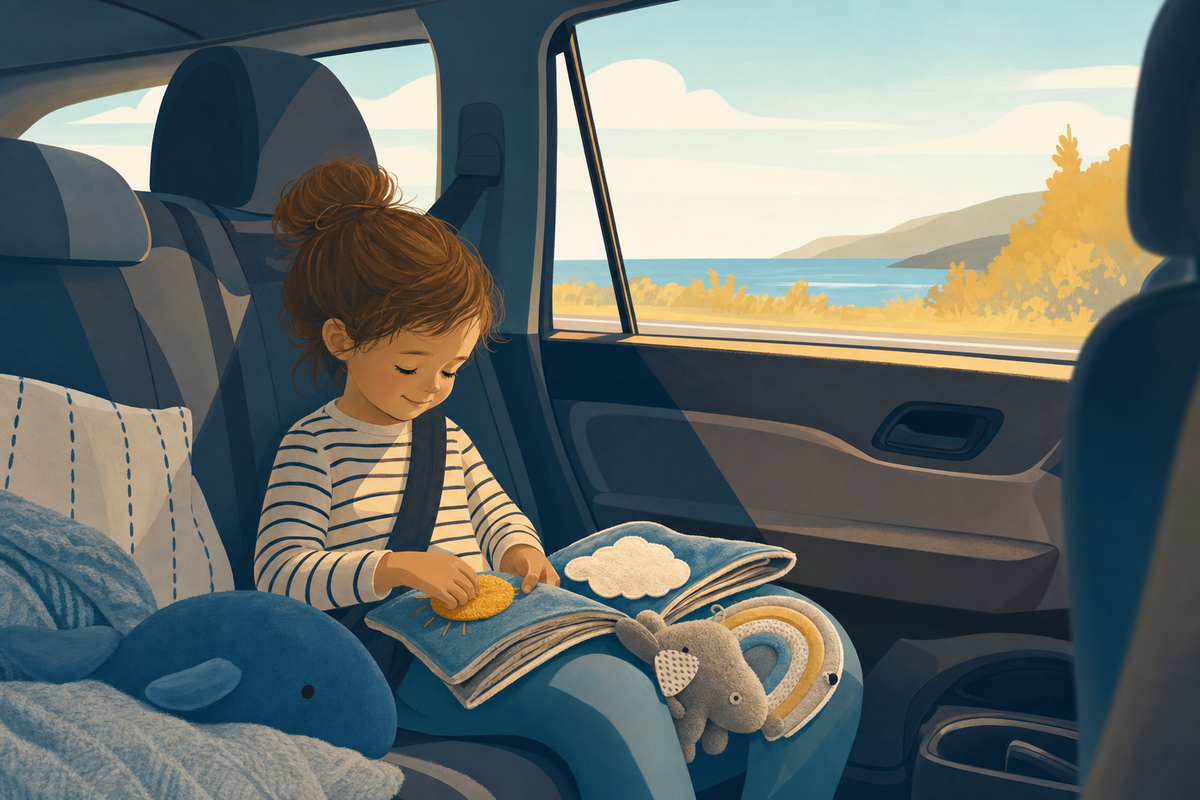 Peaceful child engaged in quiet tactile activity in car backseat during road trip