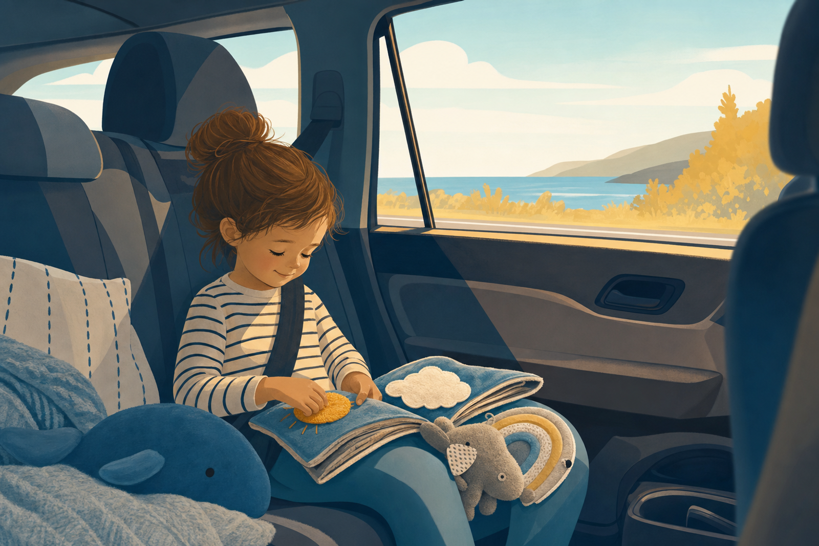 Peaceful child engaged in quiet tactile activity in car backseat during road trip