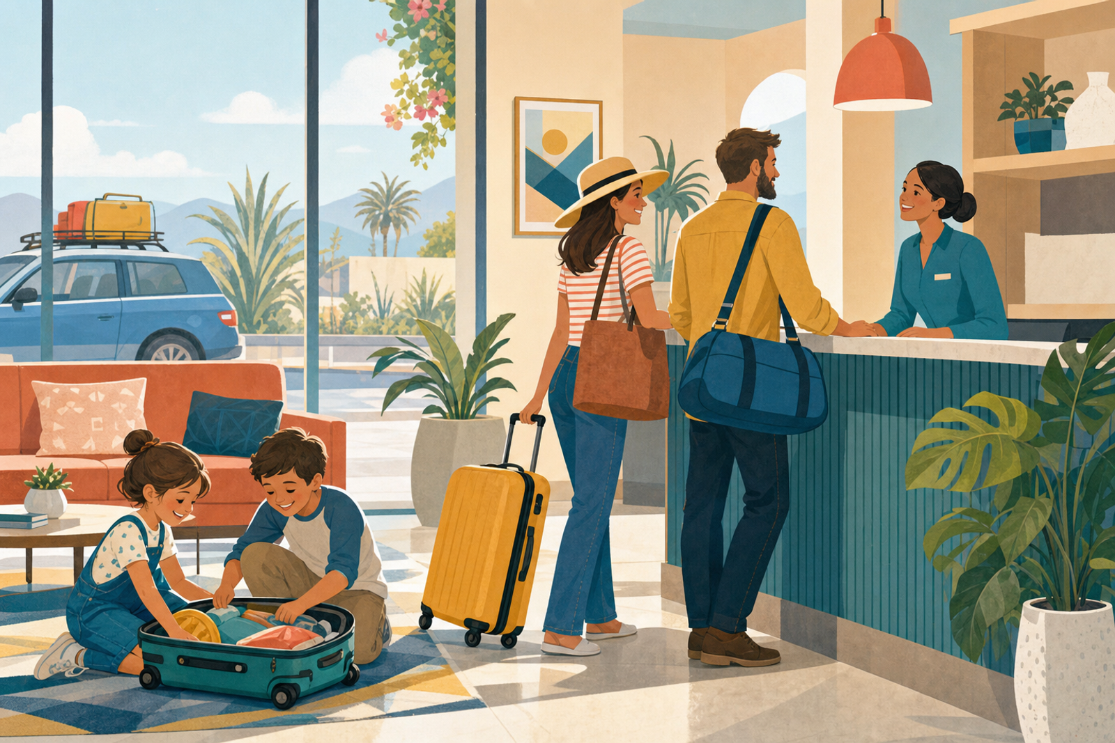 Flat illustration of a family checking into a hotel lobby with kids and luggage after a road trip, in a sky-blue and sunshine color palette.