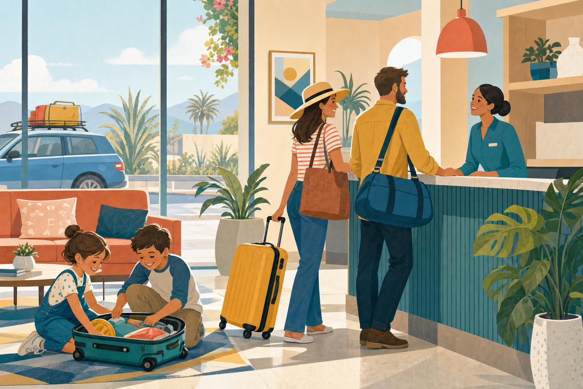 Flat illustration of a family checking into a hotel lobby with kids and luggage after a road trip, in a sky-blue and sunshine color palette.