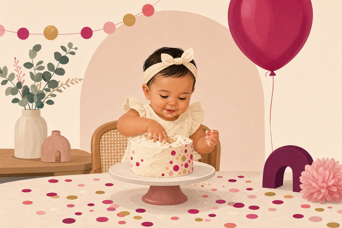 Simple first birthday party setup with small cake, balloon, and confetti on a table