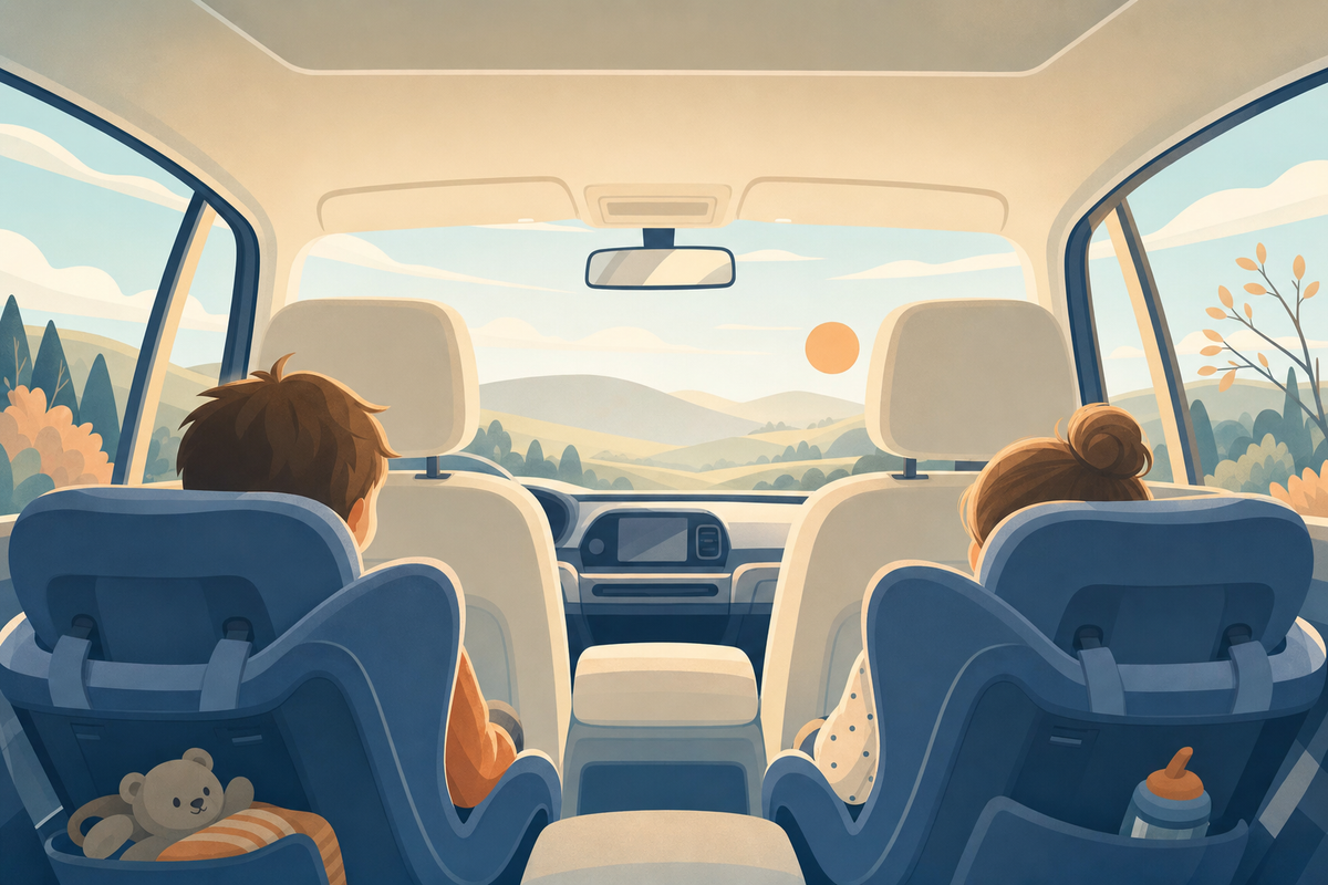 Calm illustration of children in car seats during a peaceful road trip with scenic views