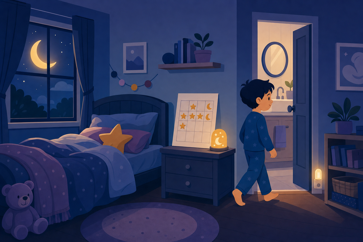 Flat illustration of a child's nighttime bedroom with a sticker chart featuring a few gold star and moon stickers, symbolizing encouragement for nighttime potty training efforts.