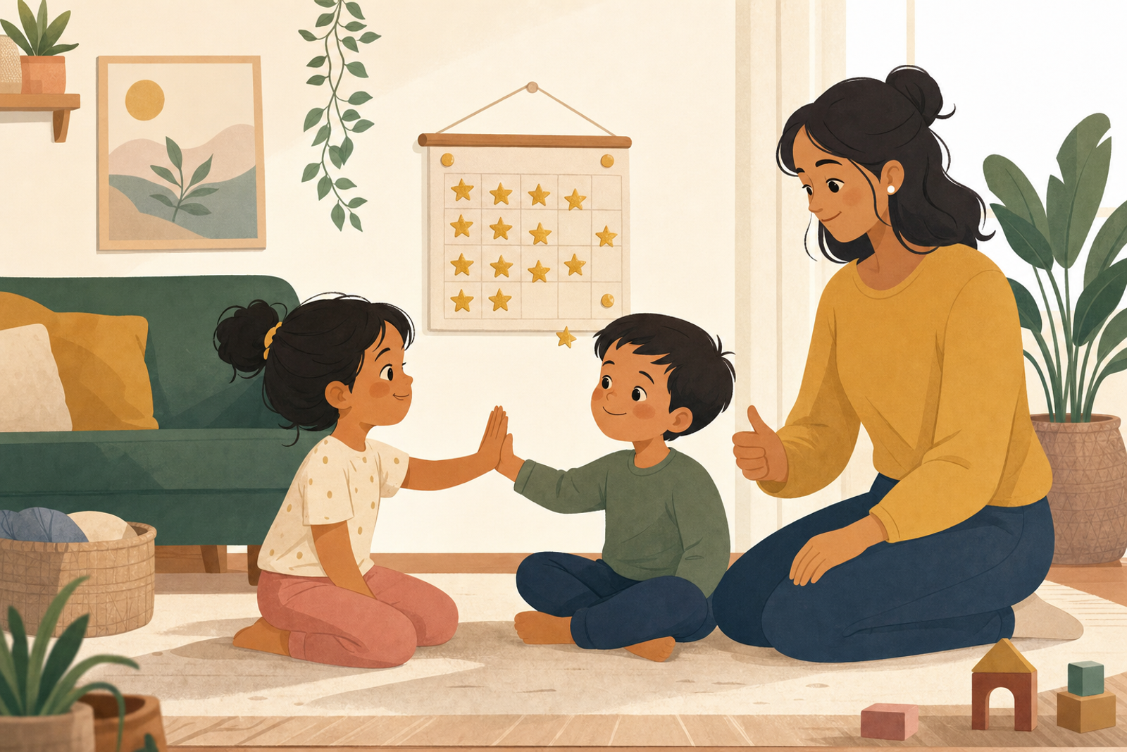 Flat illustration of two siblings calmly using gentle hands together while a parent encourages them near a wall sticker chart with star stickers.