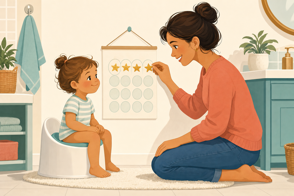 Illustration of a calm toddler sitting on a potty while a parent smiles beside a sticker chart with gold star stickers on the wall.