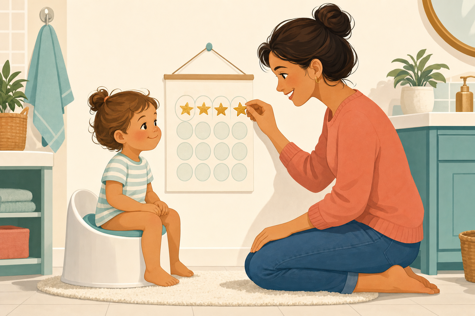 Illustration of a calm toddler sitting on a potty while a parent smiles beside a sticker chart with gold star stickers on the wall.