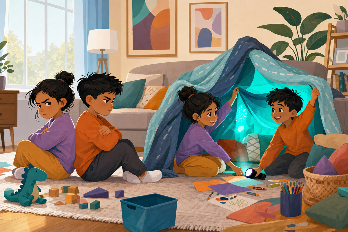 Flat illustration of two siblings moving from arguing to happily playing together in a blanket fort, representing screen-free activities to stop sibling fights.