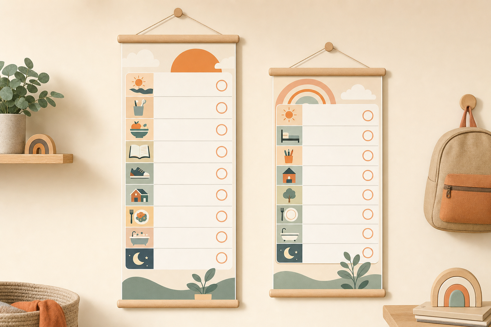 Two colorful routine charts of different heights displayed side by side, representing sibling schedules in a modern minimalist style