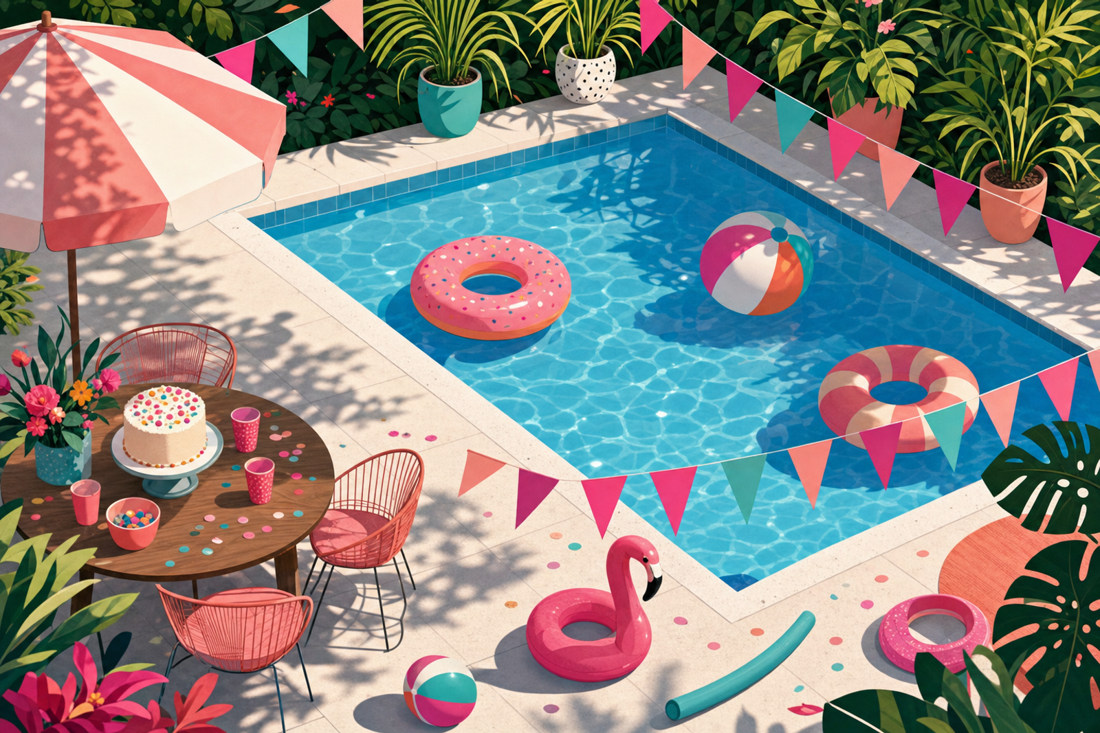Illustrated overhead view of a backyard pool with colorful floats, party decorations, and birthday celebration setup
