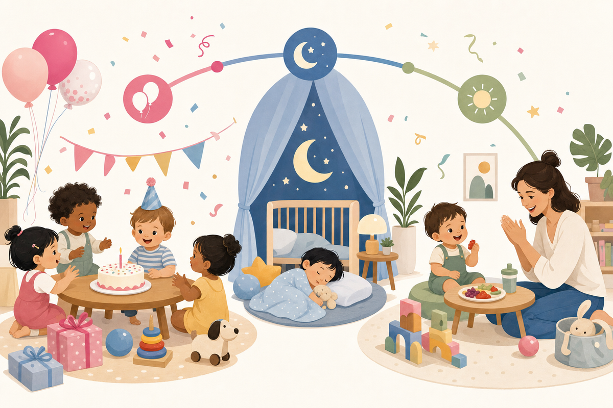 Flat illustration showing a toddler birthday party timeline, from playtime and cake to a cozy nap nook and post-nap snack, in a festive pink-accented modern style.