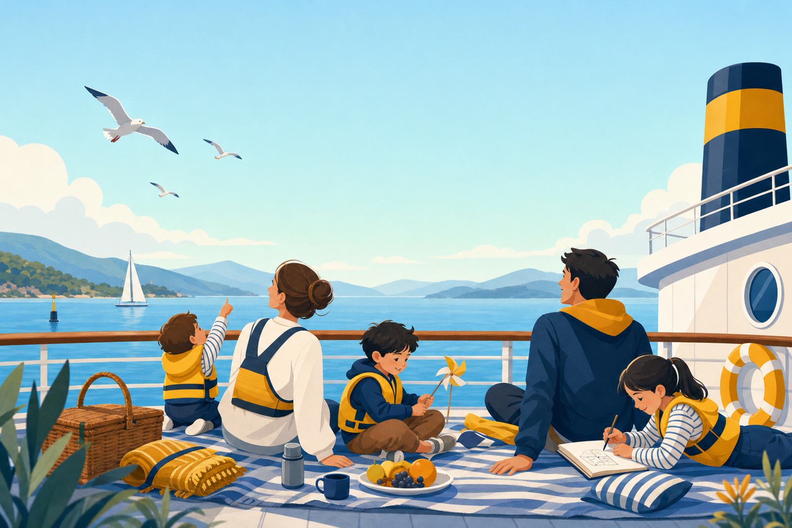 Flat illustration of kids playing screen-free activities like sketching and spotting seagulls on a calm ferry deck with blue sky and sea in the background.