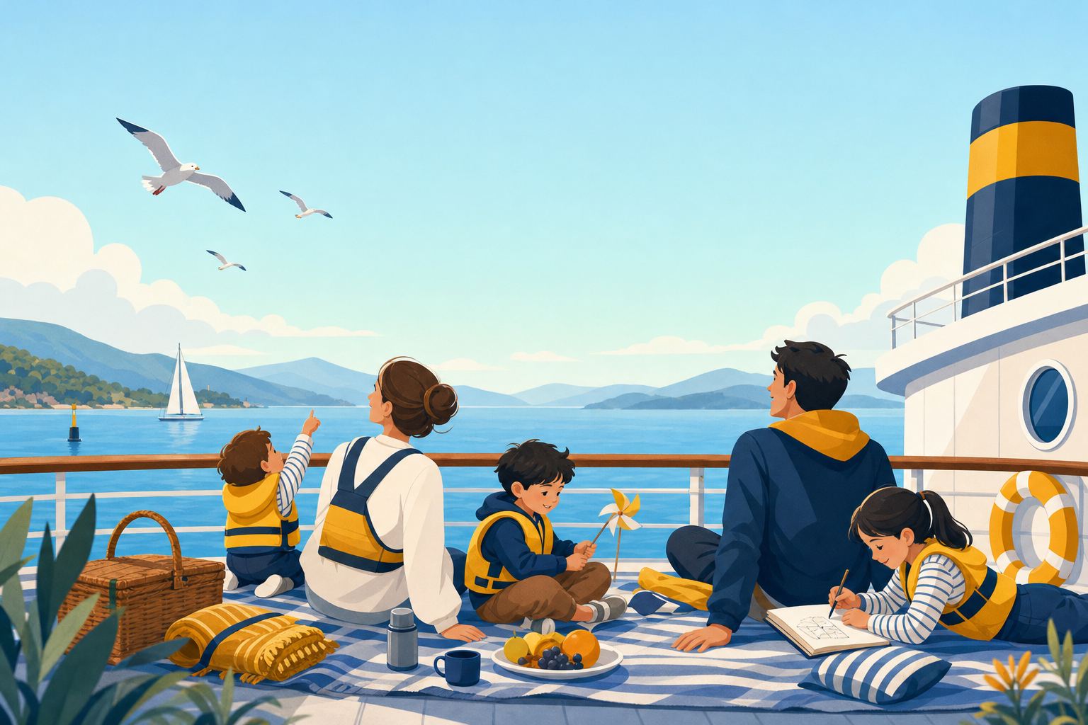 Flat illustration of kids playing screen-free activities like sketching and spotting seagulls on a calm ferry deck with blue sky and sea in the background.