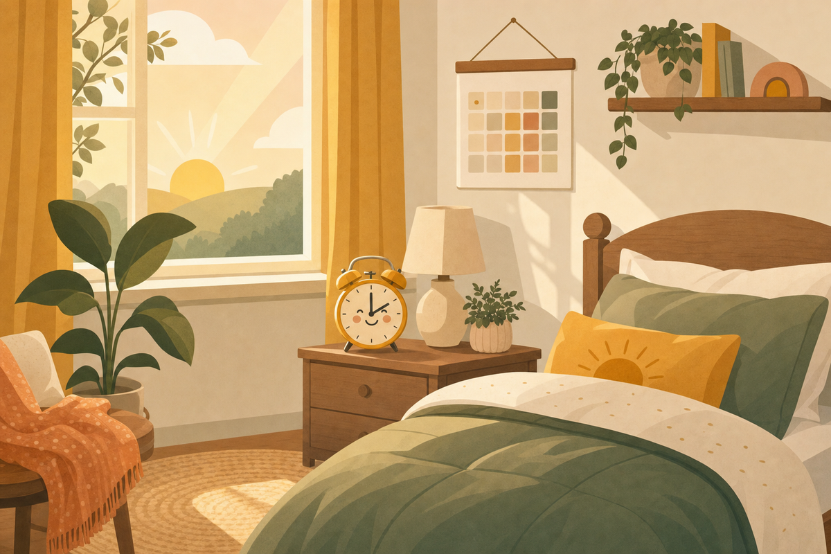 Illustration of a child's bedroom at early morning with an alarm clock and window showing dawn, representing the concept of managing early wake times