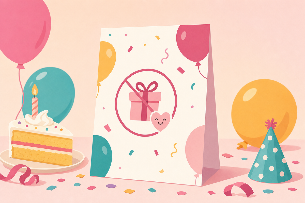 Flat illustration of a birthday invitation card with a gift icon crossed out gently, surrounded by balloons, confetti, and cake in a festive pink-accented design.