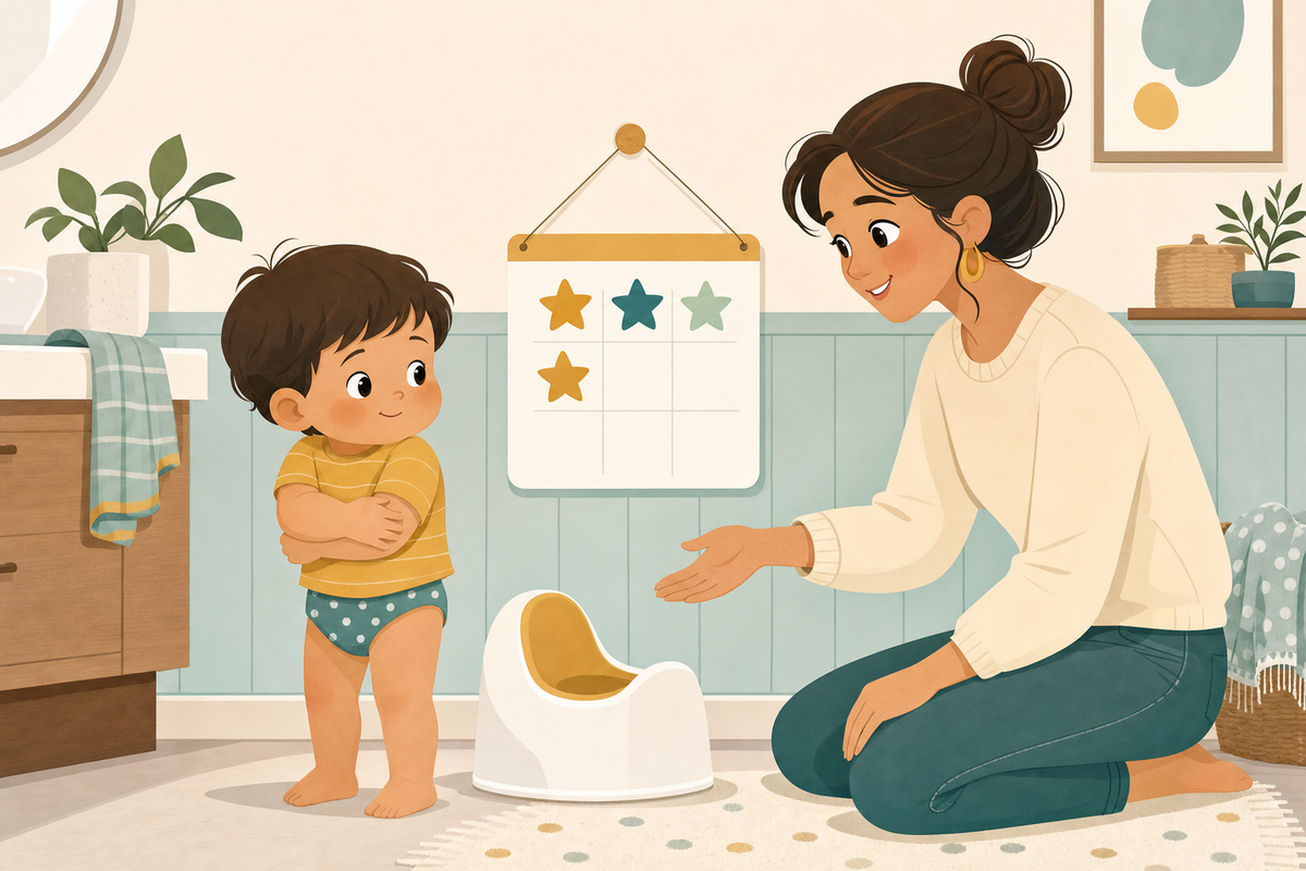 Illustration of a toddler standing near a potty chair while a parent encourages them, with a sticker chart on the wall nearby.
