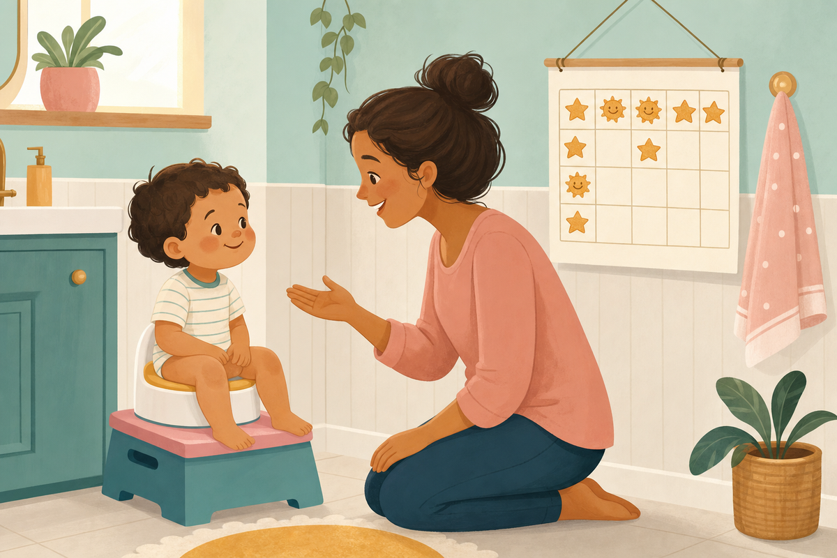 Flat illustration of a toddler sitting calmly on a potty with a parent nearby and a colorful sticker reward chart on the bathroom wall, symbolizing gentle potty training encouragement.