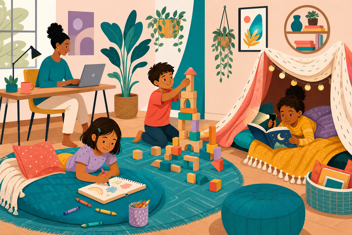 Flat illustration of a parent working at a laptop while kids nearby enjoy screen-free activities like building blocks, drawing, and reading in a blanket fort.