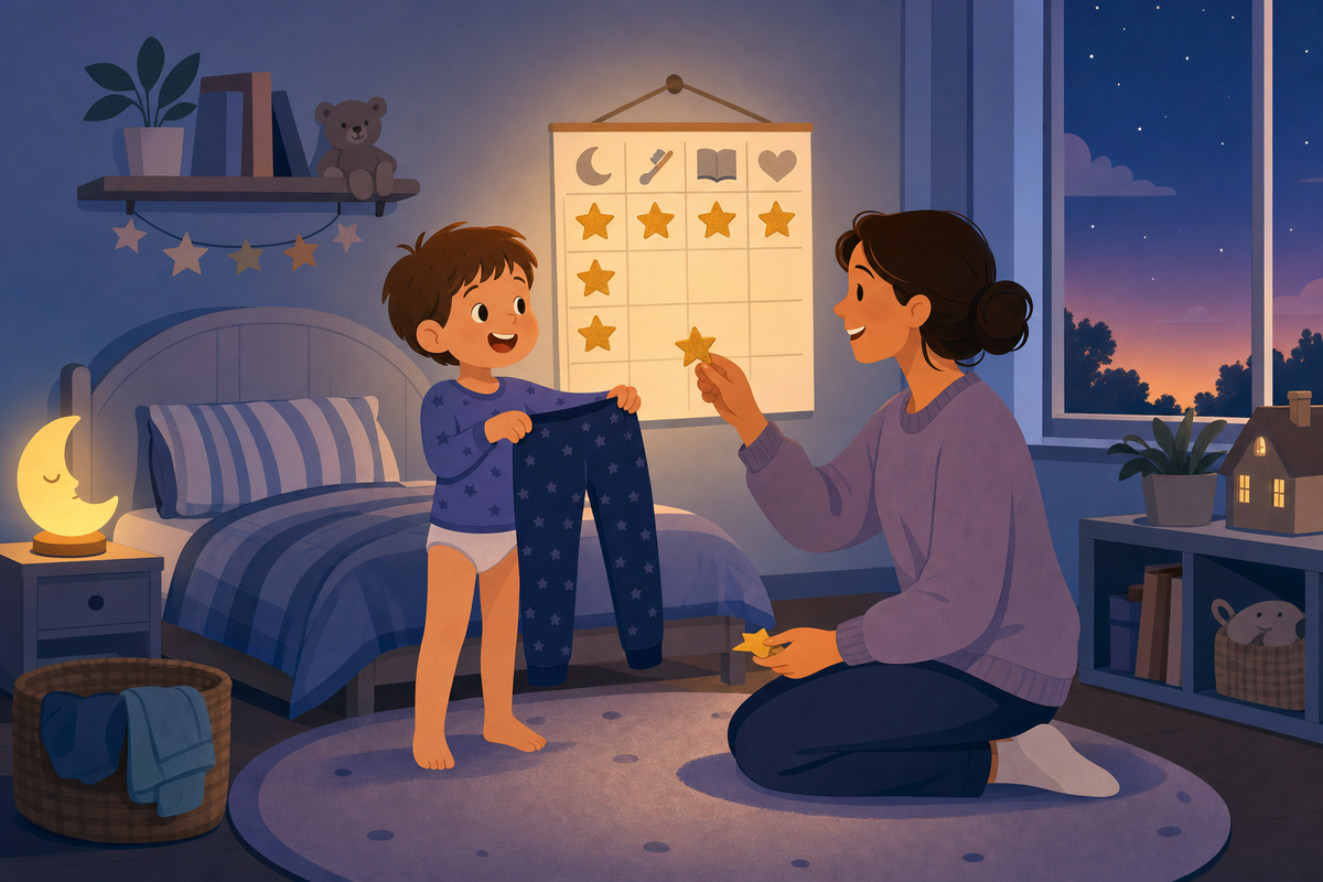 Flat illustration of a parent helping a smiling young child get into pajamas beside a bedtime sticker chart with gold star stickers on the wall.