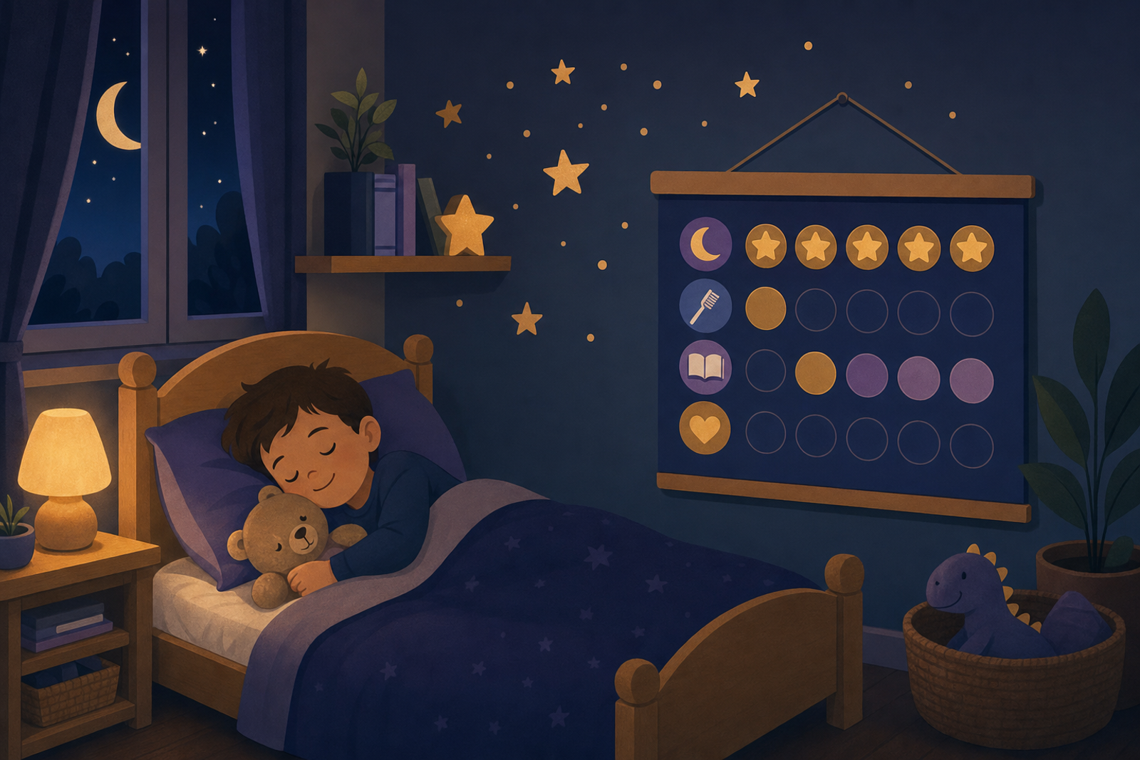 Peaceful bedroom illustration showing a child's bed with a sticker chart on the wall and warm nightlight glow