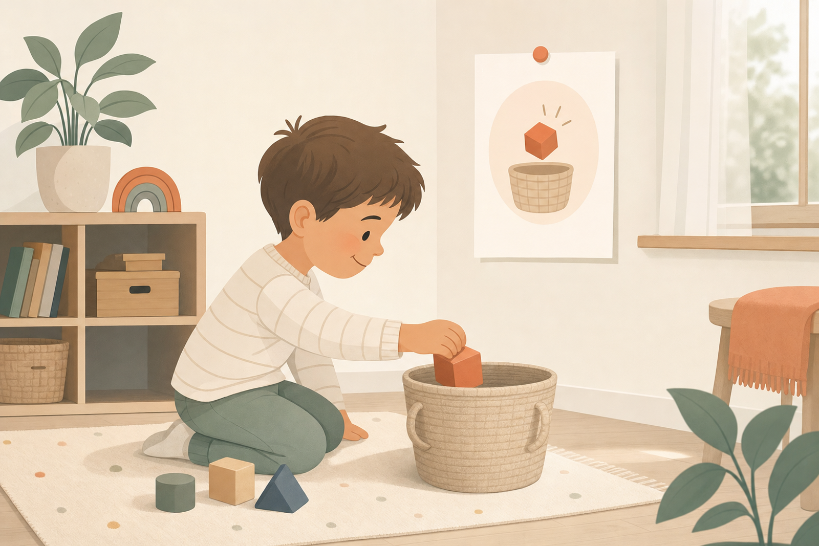 Flat illustration of a young child placing a toy into a basket near a simple printable chore chart on the wall, in a calm pastel and warm-orange color palette.
