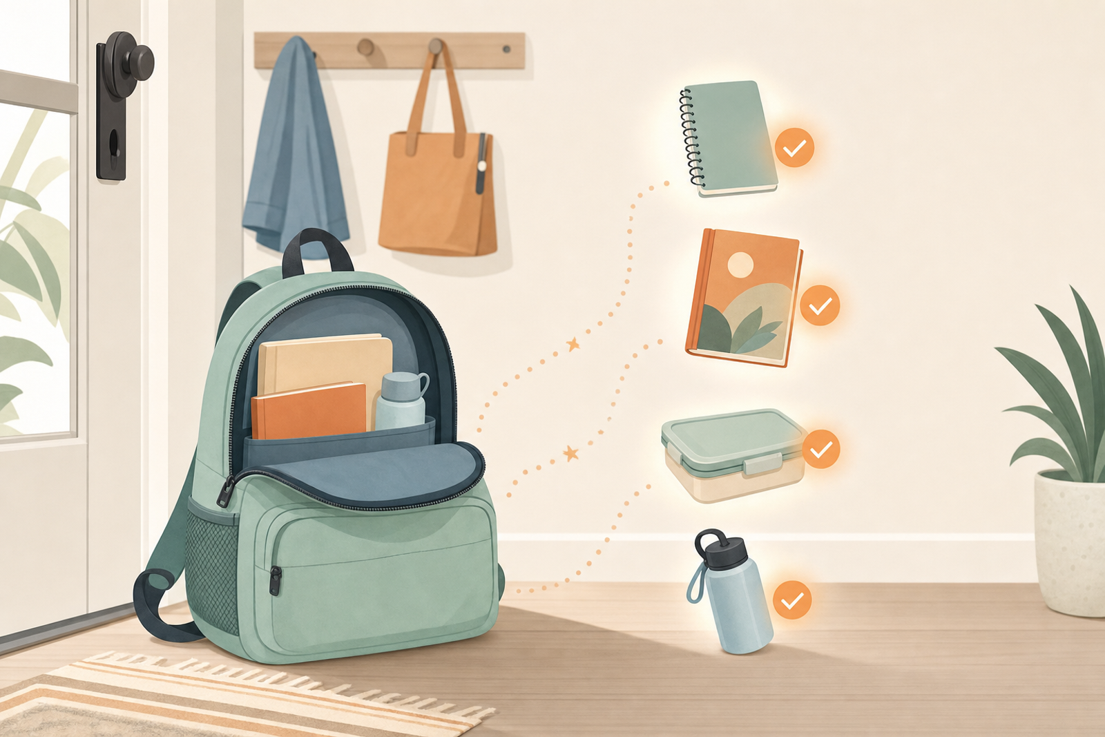 Flat illustration of a school backpack surrounded by neatly arranged items like a notebook, library book, and lunch container, symbolizing a school bag reset checklist for kids.