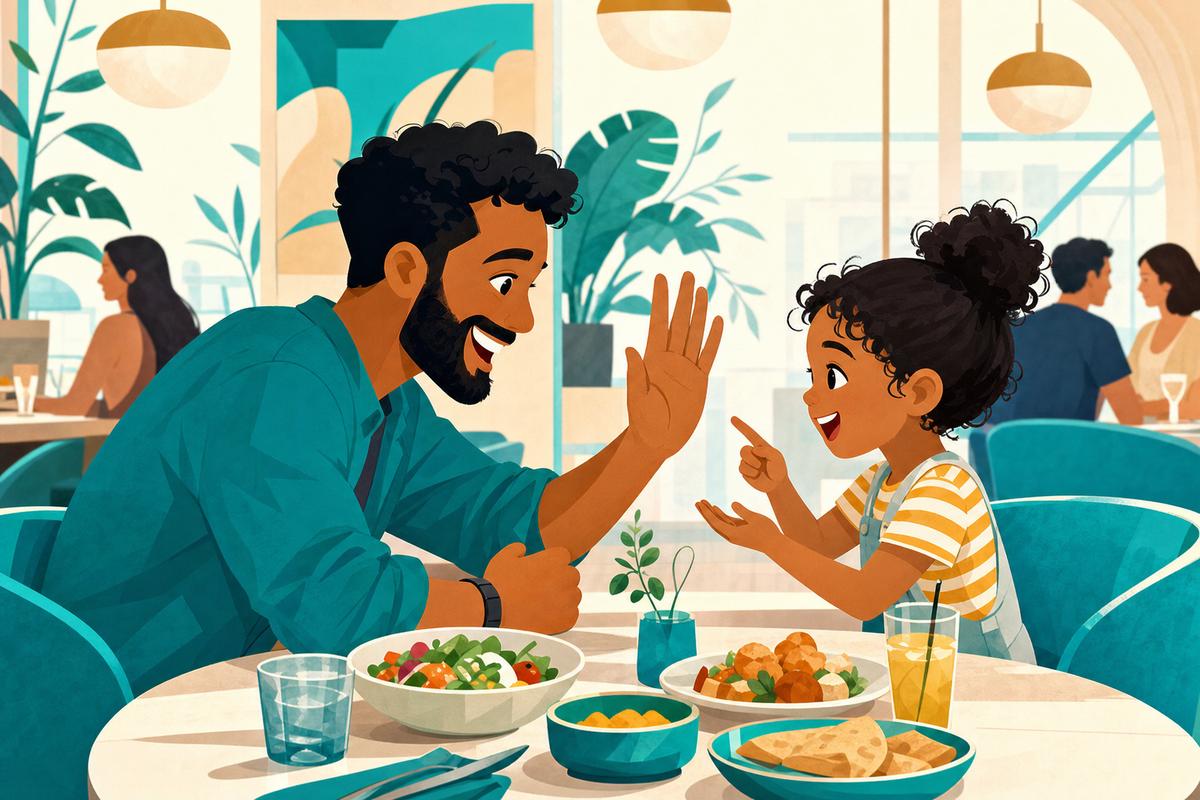 Parent and young child happily engaged together at a restaurant table while waiting for food