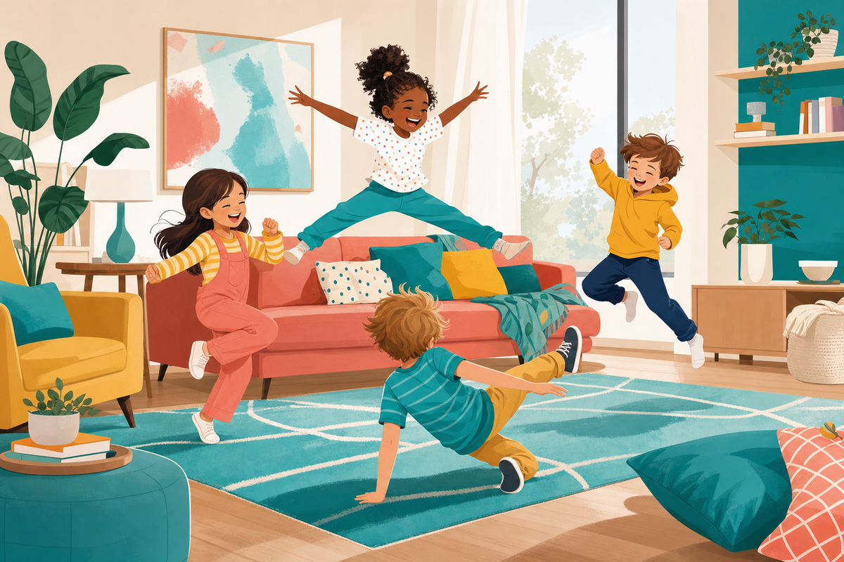Illustration of energetic children actively playing and jumping in a colorful modern living room