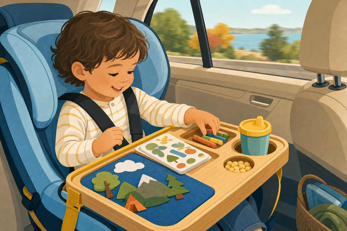 Flat illustration of a toddler in a car seat happily using a screen-free activity tray with crayons, stickers, and a spill-proof snack cup during a road trip.